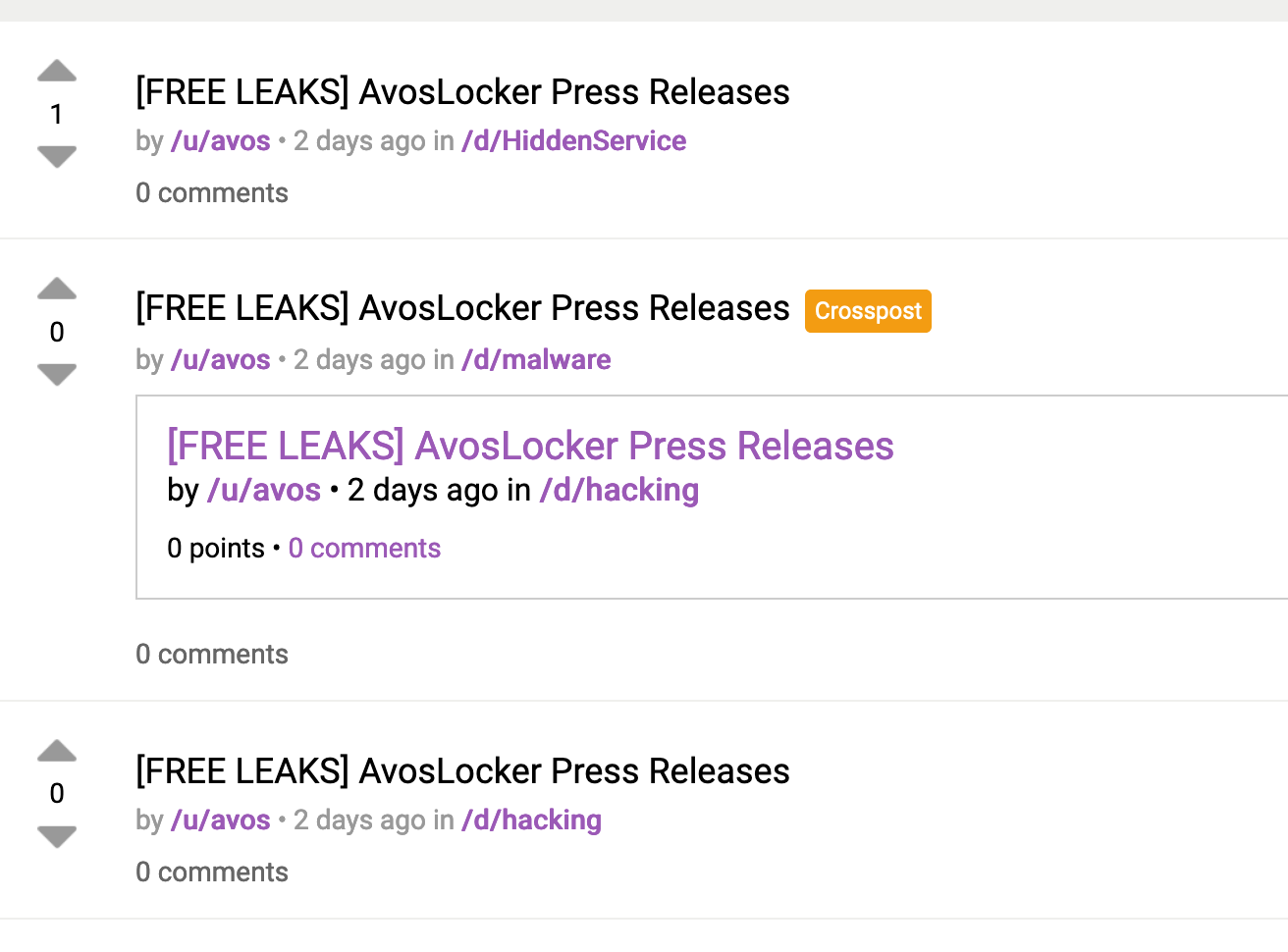 Figura 5 - Leak site da AvosLocker e múltiplos anúncios no Dread.